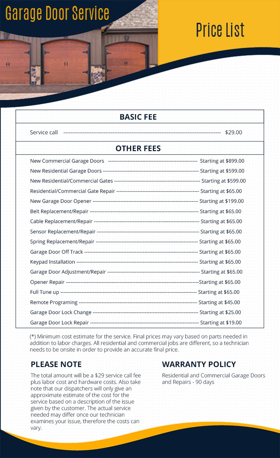 Price List USA Garage Doors Repair Service